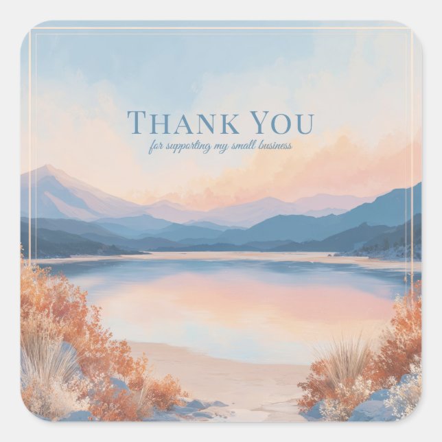 Elegant Peach Blue Mountain Lake Landscape Quadratischer Aufkleber (Vorderseite)