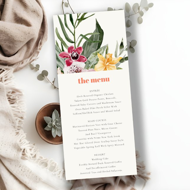 Elegant Peach Blush Boho Tropical Floral Menu Card Einladung (Von Creator hochgeladen)