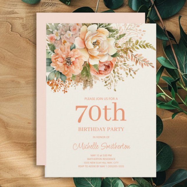 Elegant Peach Cream Floral 70. Geburtstag Einladung (Peach and cream watercolor floral 70th birthday party invitation)