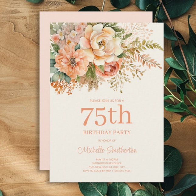 Elegant Peach Cream Floral 75. Geburtstag Einladung (Peach and cream watercolor floral 75th birthday party invitation)