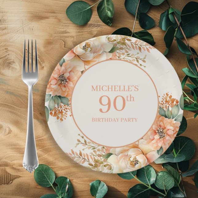 Elegant Peach Cream Floral 90. Geburtstag Pappteller (Peach and cream watercolor floral birthday party paper plates)
