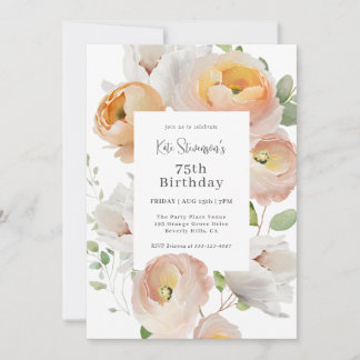 Elegant Peach Floral 75. Geburtstagsparty Einladung