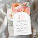 Elegant Peach Floral Feminine 40. Geburtstag Einladung<br><div class="desc">Mit elegantem Charme ist diese pfirsichfarbene und weiße Aquarellblüteneinladung zum 40. Geburtstag eine schöne Wahl, um einen besonderen Geburtstag zu feiern. Es verfügt über einen hübschen Strauß aus Pfirsich und Elfenbein, weiße Aquarellbäume, Eukalyptusbäume und das hintere Grün auf einem neutralen, hellgrünen Hintergrund. Trendige Gesichtspflege und ein bogenförmiger Rahmen machen Ihren...</div>