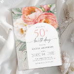 Elegant Peach Floral Feminine 50. Geburtstag Einladung<br><div class="desc">Mit elegantem Charme ist diese pfirsichfarbene und weiße Aquarellblüteneinladung zum 50. Geburtstag eine schöne Wahl, um einen besonderen Geburtstag zu feiern. Es verfügt über einen hübschen Strauß aus Pfirsich und Elfenbein, weiße Aquarellbäume, Eukalyptusbäume und das hintere Grün auf einem neutralen, hellgrünen Hintergrund. Trendige Gesichtspflege und ein bogenförmiger Rahmen machen Ihren...</div>