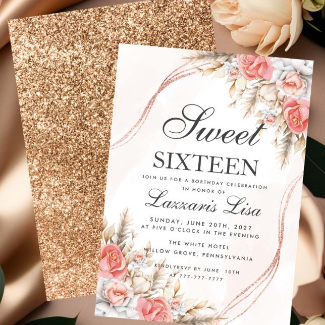 Elegant Peach Floral Glitzer Sweet 16 Birthday Einladung (Von Creator hochgeladen)