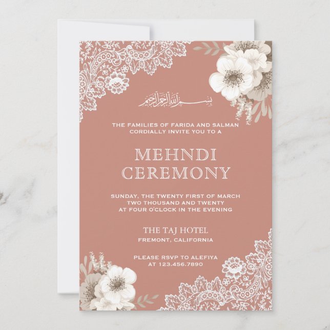 Elegant Peach Floral Lace Islamischer Mehndi Einladung (Vorderseite)