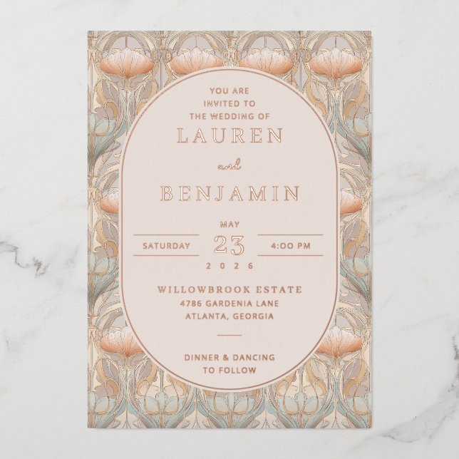 Elegant Peach Floral Pattern Folieneinladung (Vorderseite)