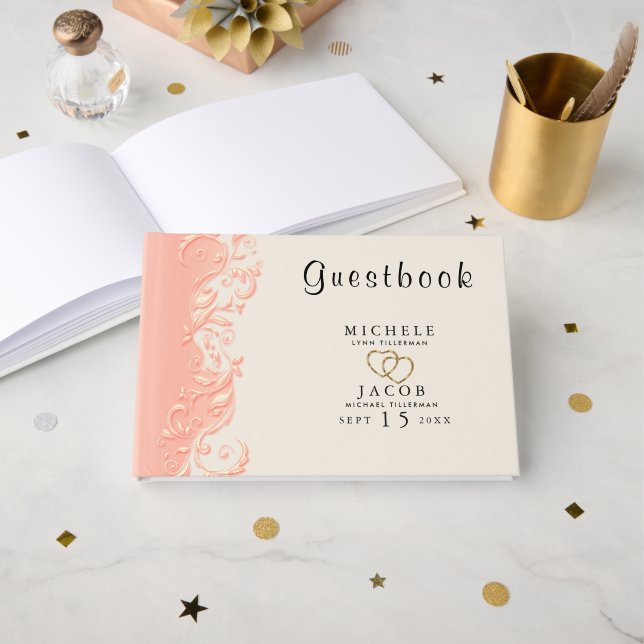 Elegant Peach Floral Swirl Gästebuch (Vorderseite Offen)