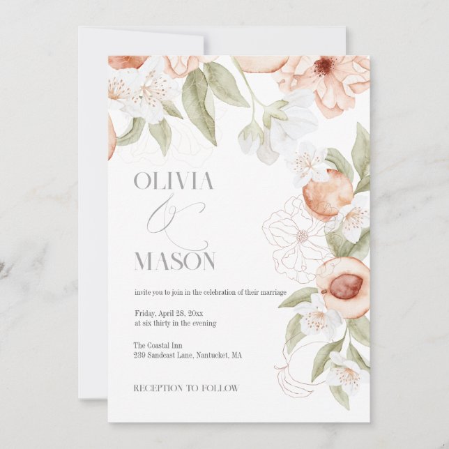 Elegant Peach Floral Wedding Einladungen (Vorderseite)