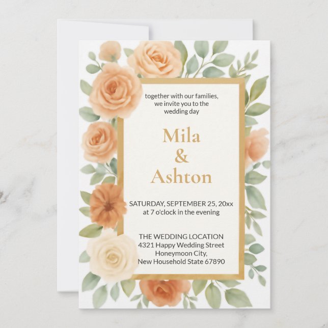 Elegant Peach Floral Wedding Invitation – Editable (Devant)