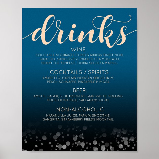 Elegant Peach Oceanic Blue Wedding Drinks Bar Menu Poster (Vorne)