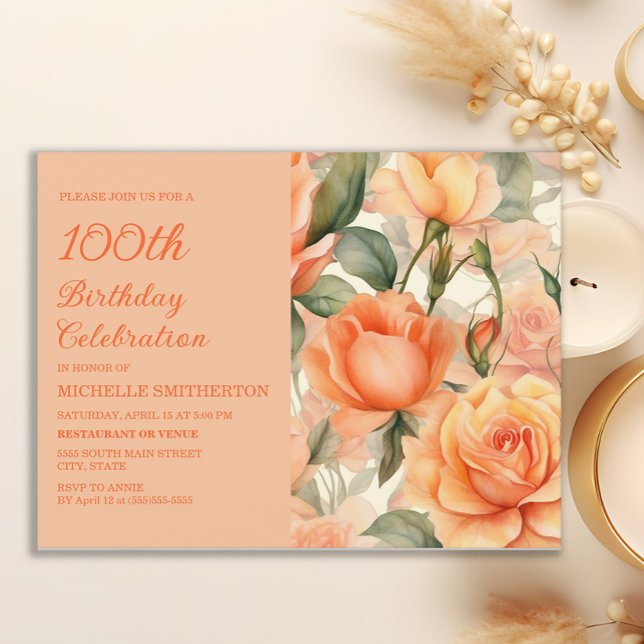 Elegant Peach Orange Rose 100. Geburtstag Einladungspostkarte (Peach roses 100th birthday party invitation)