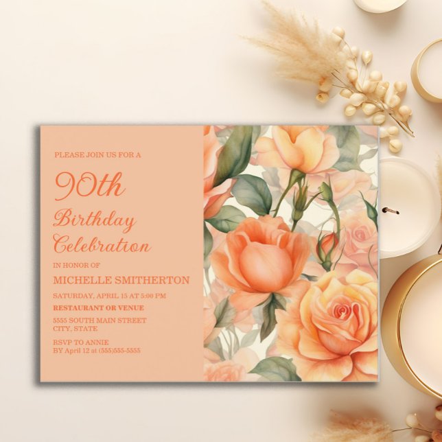 Elegant Peach Orange Rose 90. Geburtstag Einladungspostkarte (Peach roses 90th birthday party postcard invitation)
