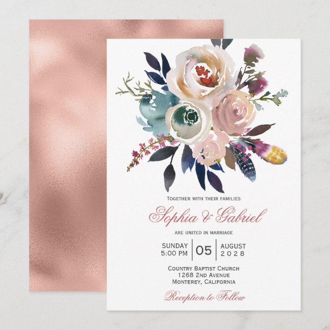 Élégant Peach Pink Blue Floral Faire-part de maria (Devant / Derrière)