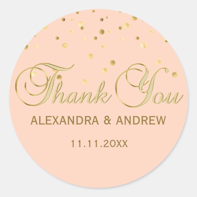 Elegant PEACH Pink Gold Wedding Vielen Dank Runder Aufkleber (Vorderseite)