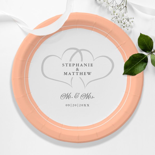 Elegant Peach Wedding Mr. & Mrs. Names Date Hearts Pappteller (Elegant Peach Wedding Mr & Mrs Names Date Hearts Paper Plates)