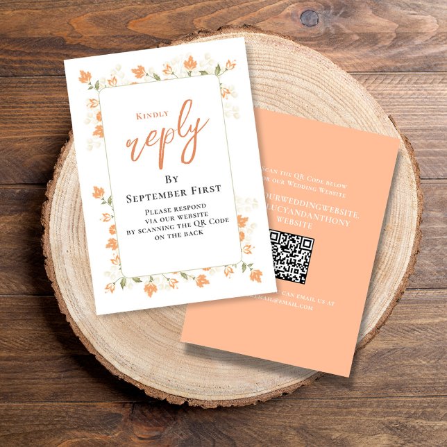 Elegant Peach Wedding RSVP Custom (Simple Wedding reply card with a peach floral design and QR code template.)