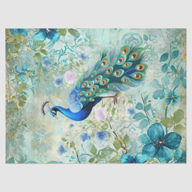 Elegant Peacock Distressed Blue Floral Seidenpapier (Vorderseite)