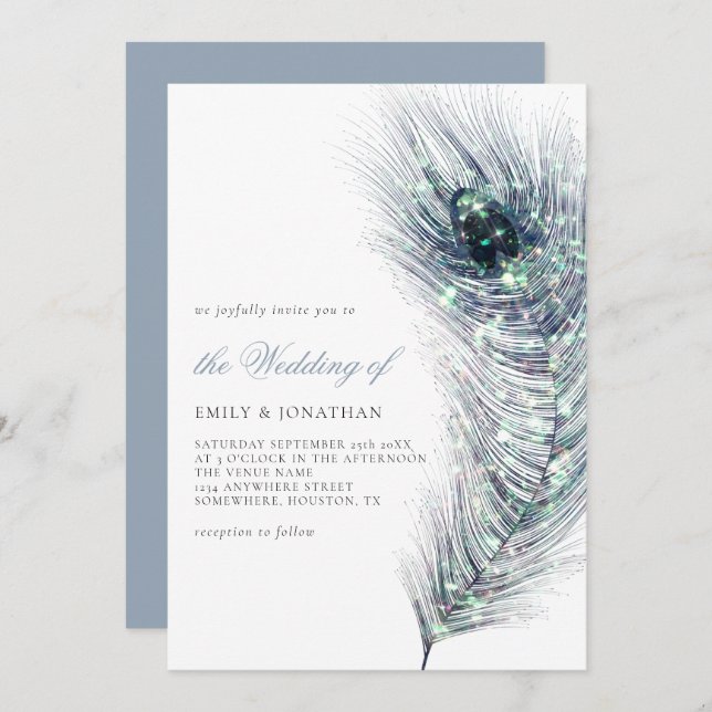 Elegant Peacock Feather Aquamarin Blue Script Wedd Einladung (Vorne/Hinten)