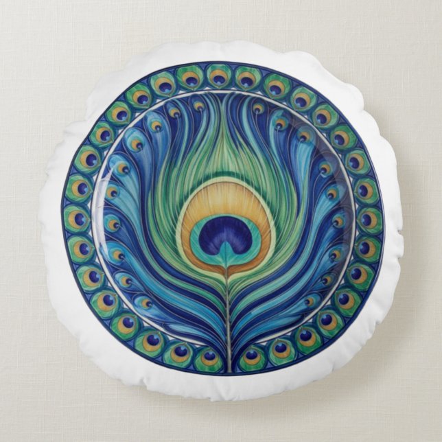 Elegant Peacock Feather Mandala Rundes Kissen (Vorderseite)