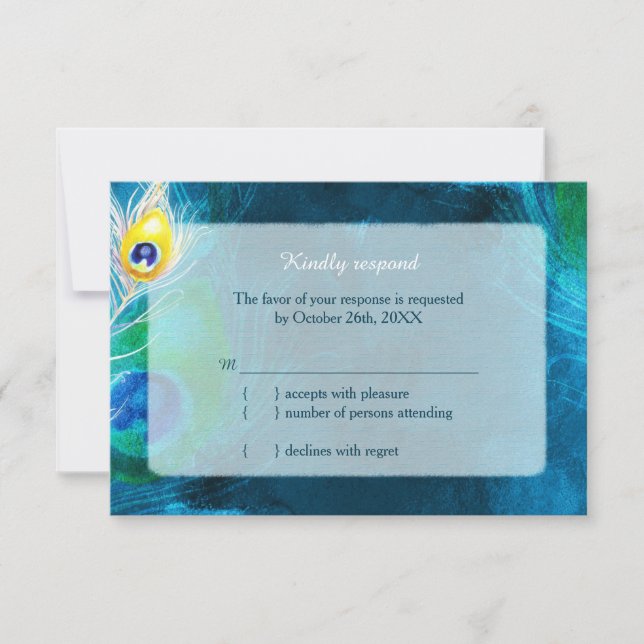 Elegant Peacock Feathers Blue Wedding RSVP Karte (Vorderseite)