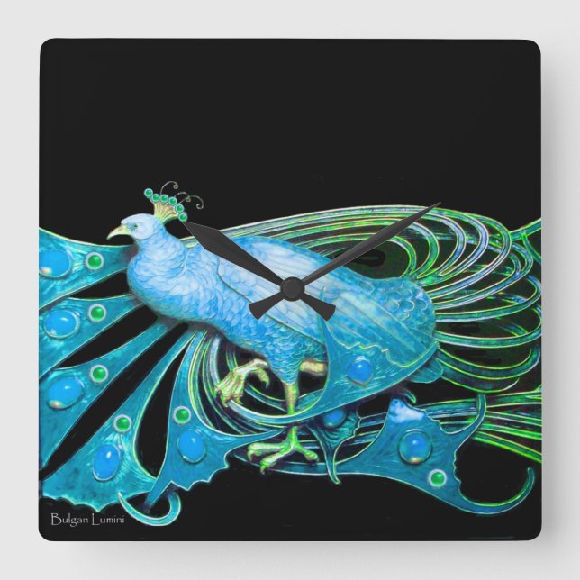 ELEGANT PEACOCK IN AQUA BLUE ,TEAL AND BLACK QUADRATISCHE WANDUHR (Vorderseite)