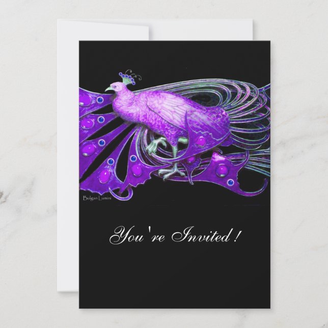 ELEGANT PEACOCK IN LILA, SCHWARZER WEDERPARTEI EINLADUNG (Vorderseite)