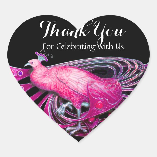 ELEGANT PEACOCK IN PINK, FUCHSIA, SCHWARZ Vielen D Herz-Aufkleber (Vorderseite)