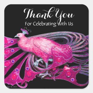 ELEGANT PEACOCK IN PINK, FUCHSIA, SCHWARZ Vielen D Quadratischer Aufkleber