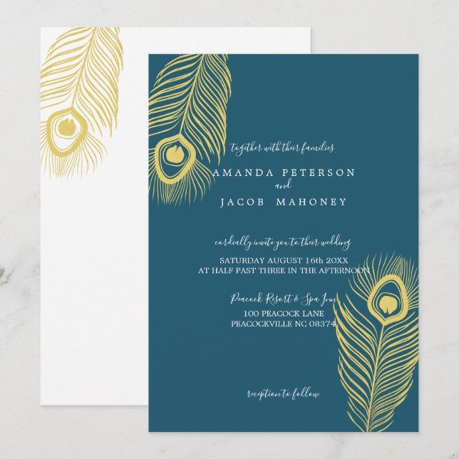Elégant Peacock Or Invitations de mariage (Devant / Derrière)