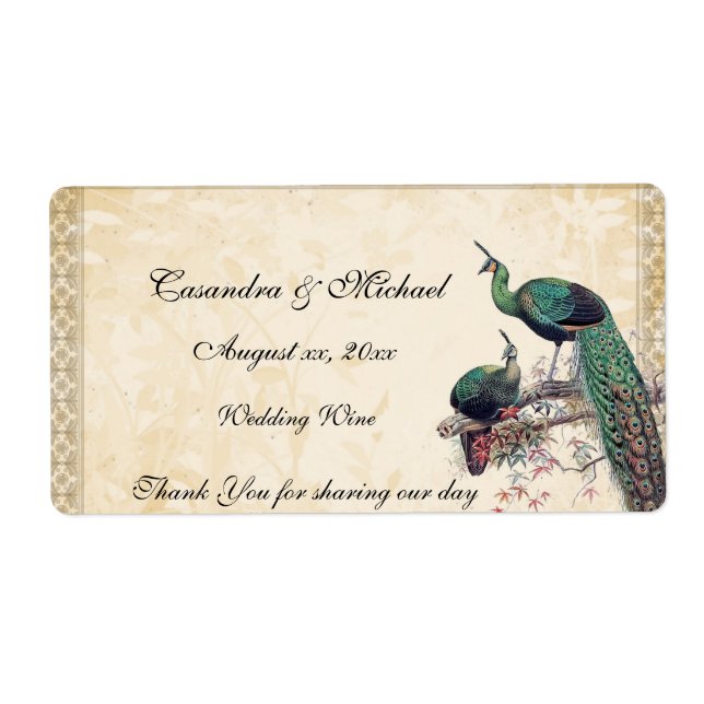 Elegant Peacocks Wedding Wine Label (Vorne)