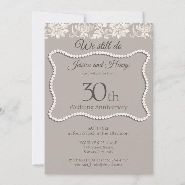 Elegant Pearl 30. Hochzeitstag Einladung (Vorderseite)