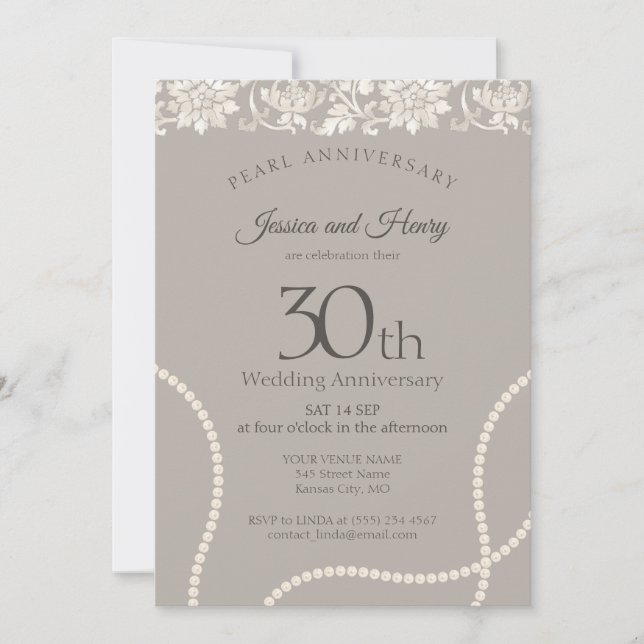 Elegant Pearl 30. Hochzeitstag Taupe Einladung (Vorderseite)