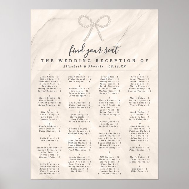 Elegant Pearl Bow Alphabetical Guest Seating Chart Poster (Vorne)