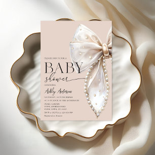 Elegant Pearl Bow Beige Neutral Baby Shower Einladung