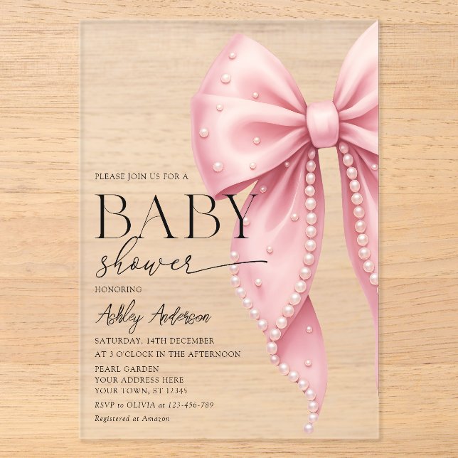 Elegant Pearl Bow Girl Baby Shower Acryleinladungen (Vorderseite)