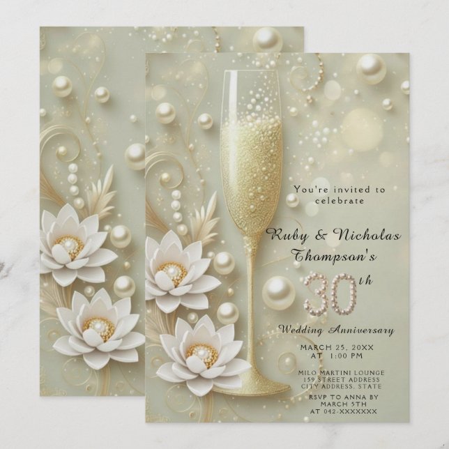 Elegant Pearl & Champagne Glass 30. Wedding Anniv Einladung (Vorne/Hinten)