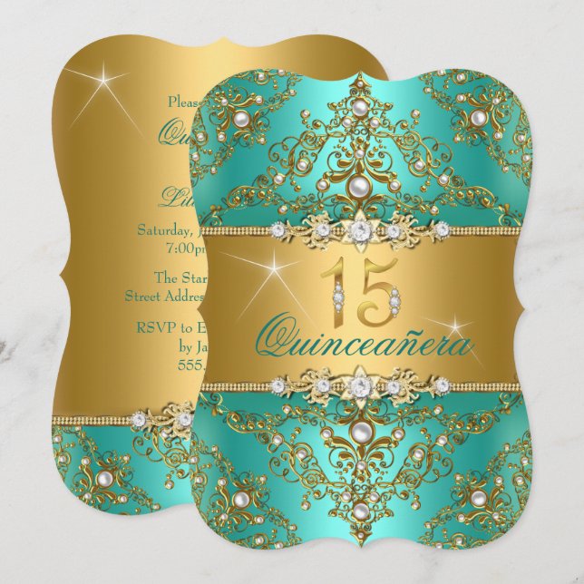 Elegant Pearl Damask Jade Quinceanera Einladung (Vorne/Hinten)