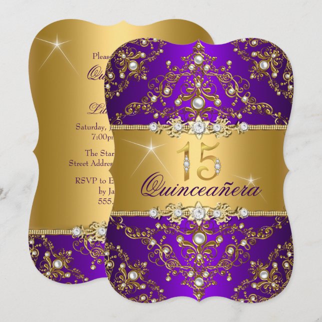 Elegant Pearl Damask Lila Quinceanera Einladung (Vorne/Hinten)