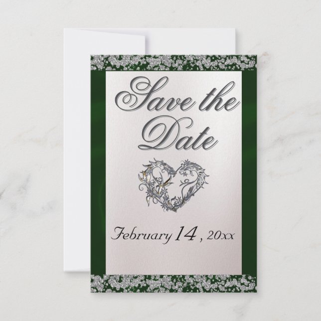 Elegant Pearl, Emerald Ribbon & Sparkle Save The Date (Vorderseite)