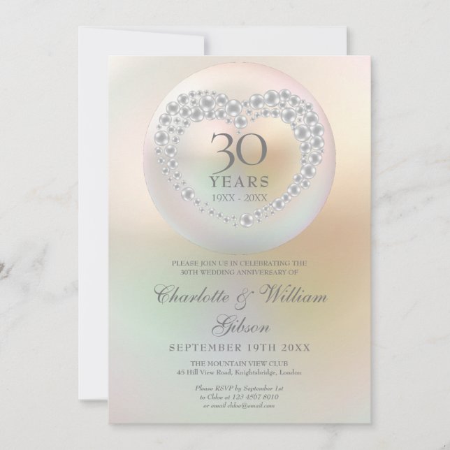 Elegant Pearl Heart 30. Hochzeitstag Einladung (Vorderseite)
