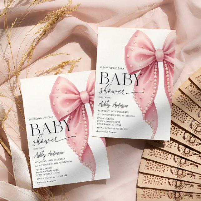 Elegant Pearl Pink Bow Girl Baby Shower Einladung (Von Creator hochgeladen)