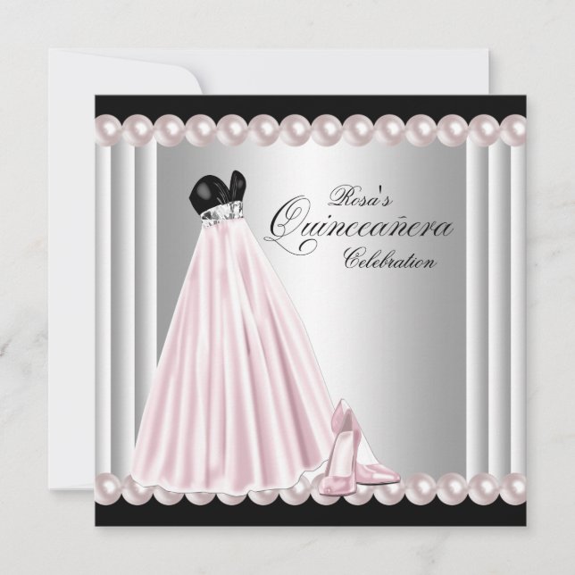 Elegant Pearl Silver Pink Quinceanera Einladung (Vorderseite)