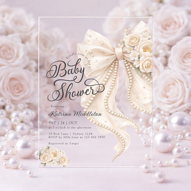 Elegant Pearl White Bow Floral Baby Shower Acryleinladungen (Von Creator hochgeladen)