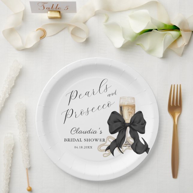 Elegant Pearls & Prosecco Black Bow Bridal Shower  Pappteller (Hochzeit)