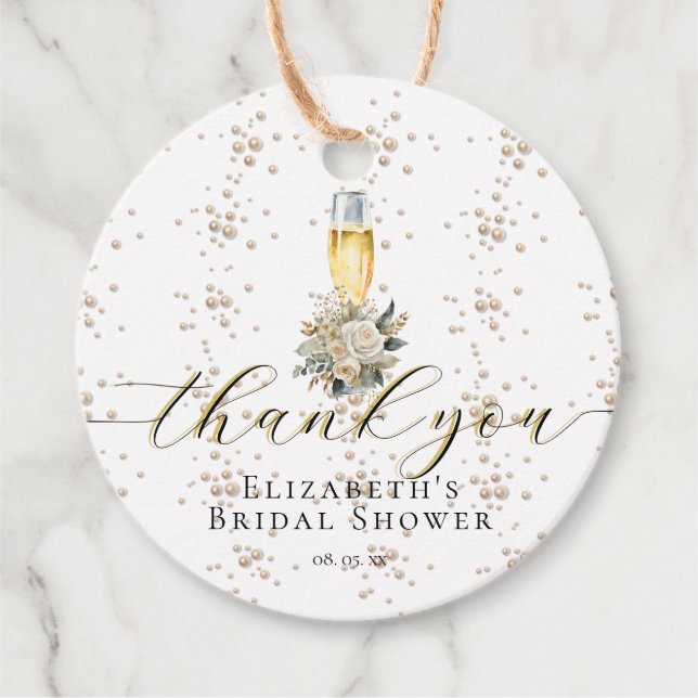 Elegant Pearls & Prosecco Bridal Shower Thank You Geschenkanhänger (Vorderseite)