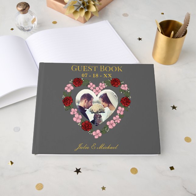 Elegant Pebble Grey & Gold Floral Wedding Guest Bo Gästebuch (Vorderseite Offen)