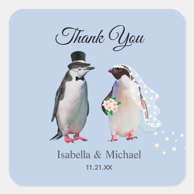 Elegant Penguin Couple Danke für Ihr Wedding Class Quadratischer Aufkleber (Vorderseite)