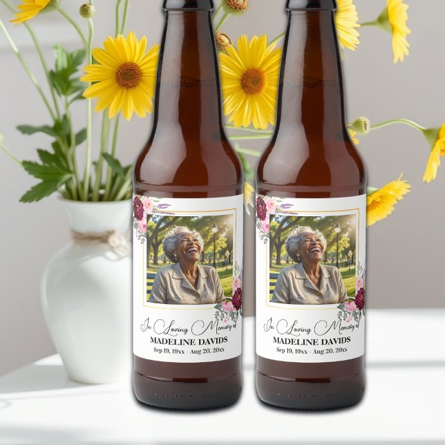 Elegant Peonies Photo Funeral Bierflaschenetikett (Von Creator hochgeladen)