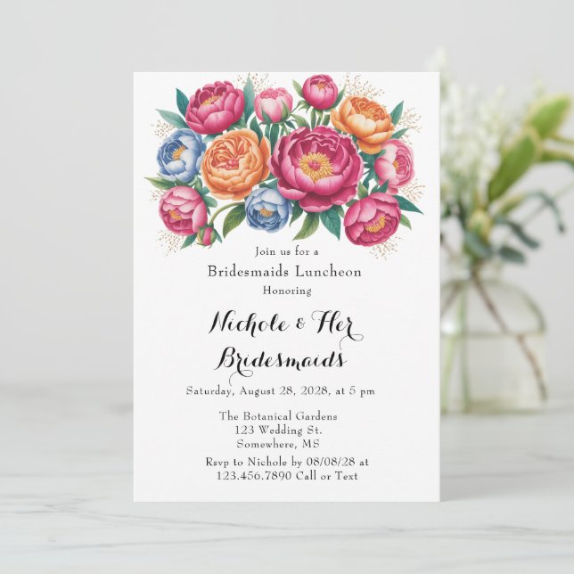 Elegant Peony Bouquet Bridesmaids Luncheon Einladung (Stehend Vorderseite)